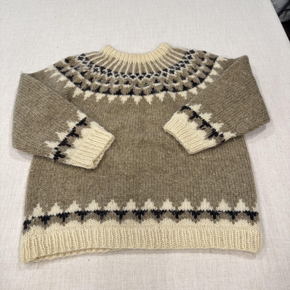 Fair Isle Sweater Womens XL Brown Wool Chunky Knit Nordic Ski Pullover Winter